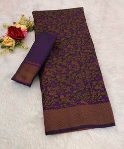 MODERNO SATINADO SEDA ZARI TEJIDO TRABAJO SAREE CON BLUSA SIN COSTAR ROPA INFORMAL PRECIO AL POR MAYOR ROPA ÉTNICA PÚRPURA - Product Image 1