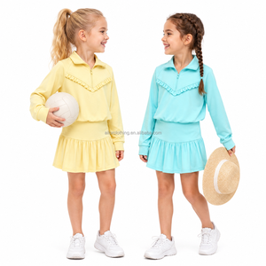 Ensemble de vêtements de sport pour filles, tissu de yoga, haut à manches longues avec fermeture éclair, jupe plissée pour le tennis, la danse et les jeux en plein air - Product Image 2