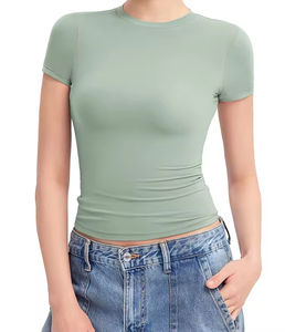 Mujer cuello redondo manga corta Slim Fit Super suave sólido ecológico secado rápido transpirable algodón fibra de bambú Casual verano - Product Image 5