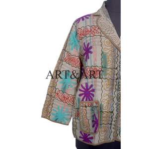 Indian Cotton Vintage Kantha Embroidery Knitted Eco-Friendly Reversible Quilted Autumn/Winter <b>Jacket</b> Coats Plus Size Blazers - Product Image 4