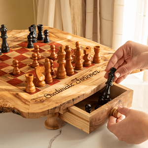 Rustic Wooden <b>Chess</b> <b>Board</b> Table with Legs & Storage Drawers, Red Squares, 28–50 cm, Wholesale - Product Image 2
