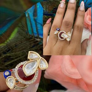 Bague de style ethnique de haute qualité en plaqué or véritable Kundan ajustable pour la fonction et la collection de vêtements de mariage pour les femmes - Product Image 1