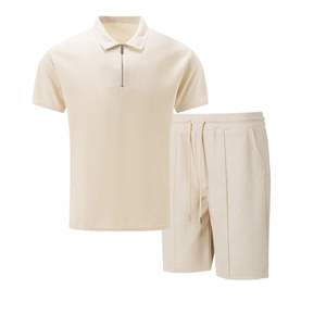 Men's Plus Size New Summer <b>Waffle</b> Short-Sleeve Suit Shorts Solid Color Zip-Up Lapel Two Sets - Product Image 1