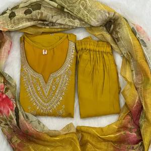 Ethnic Kurti Set with Embroidery Roman <b>Silk</b> Kurti with Inner, Printed Dupatta, and Bottom for Elegant Look - Product Image 5
