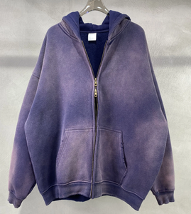 Venta al por mayor Retro Vintage Plain Heavyweight Mens 400GSM Hoodie en blanco doble capucha Full Zip Sun Faded Oversized Streetwear Hoodie - Product Image 2