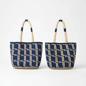 Sac fourre-tout en raphia perlé, prêt pour la plage, motif géométrique ethnique, durable, ouverture supérieure, deux poignées, capacité 3L+, pour femme - Product Image 1