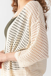 High Quality Beige Openwork <b>Cardigan</b> for <b>Women</b> Long Casual Knit Sweater with Print Pattern Casual Pullover with Logo on Back - Product Image 2