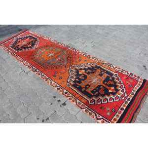 Vintage Turkish Rug, 2.8x10 ft <b>Runner</b> Rug, <b>Red</b> Blue Bordered Wool Rug - Product Image 2