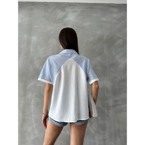 Chemisier Topshow à rayures bleues avec détails épaules tombantes, en mélange 50% coton et polyester, aspect lin, pour femme, vente en gros - Product Image 5
