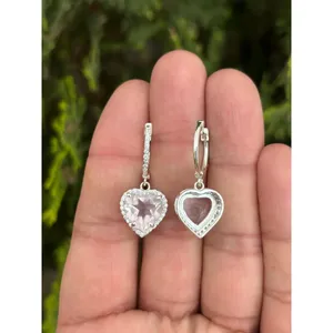 925 Silver Heart Shape Rose Quartz <b>Earrings</b> Bezel Set with Diamond Gold Plated Drop and <b>Stud</b> for Wedding or Engagement - Product Image 2