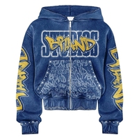 Sudadera con capucha para mujer, personalizada con logo estampado de pedrería y bordado, de forro polar transpirable, oversize, con bajo sin rematar, lavado ácido regular y lavado a la piedra, con cremallera