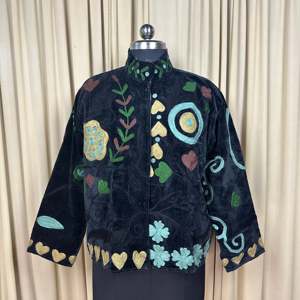 Boho Chic Retro Chic Women's Free Size Coat Hand Embroidered Black Floral Velvet Suzani Jacket with Open Front <b>Winter</b> Wear Robe - Product Image 1