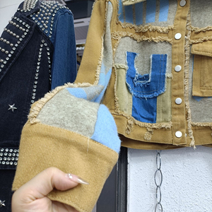 Ropa de calle personalizada, ropa informal de retazos de bloque de Color para mujer, chaqueta vaquera corta rasgada, chaqueta vaquera para mujer - Product Image 4