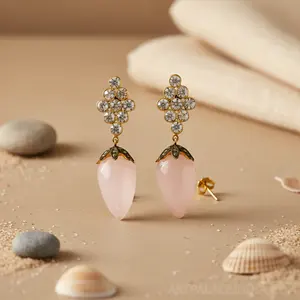 Pendientes de Cristal de Cuarzo Rosa con Detalles en Chapado en Oro para Mujer, Joyería de Regalo - Product Image 1