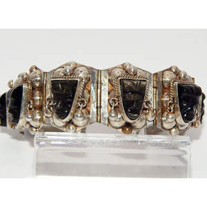 Braccialetto con pannello decorativo in argento 925 in stile messicano con facce intagliate alla moda braccialetto - Product Image 4