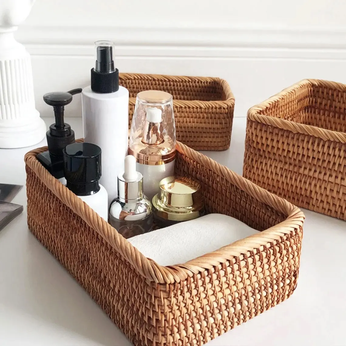 BATHROOM PRODUCTS rectangle storage box woven baskets rattan boxes wooden laundry towel bottle clothes organizer accessories set