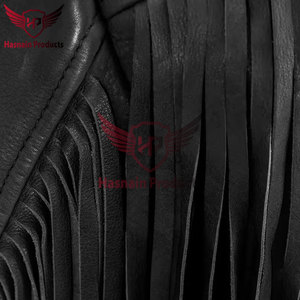 Chaqueta de cuero genuino negro para mujer con flecos en las mangas, borlas, solapa, piel de oveja, estilo vaquero occidental, abrigo de motociclista, ropa de abrigo personalizada para invierno - Product Image 4