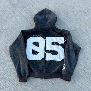 Sweat à capuche en molleton français polyester/coton, coupe oversize et courte, grammage lourd, uni, effet vintage délavé à l'acide et patchwork, direct usine - Product Image 3