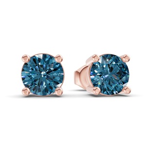 Cobalt Royal <b>Blue</b> Four Prong Round Lab Grown Diamond <b>Stud</b> <b>Earrings</b> 1 Ct Tw VS Clarity 14K Rose Gold Fancy Color Deep Hue - Product Image 3