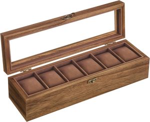 Boîte à montres en bois avec couvercle en verre, présentoir à montres doublé de velours, organisateur de rangement à 6 ou 12 emplacements pour cadeaux et vente au détail - Product Image 1