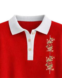 Pull en tricot à col polo rouge pour femmes avec broderie, manches longues, doux, chaud, décontracté, pull d'hiver pour les acheteurs en gros, vente en gros - Product Image 4