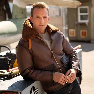 Men <b>Sheepskin</b> Brown Leather <b>Jacket</b> - Product Image 2
