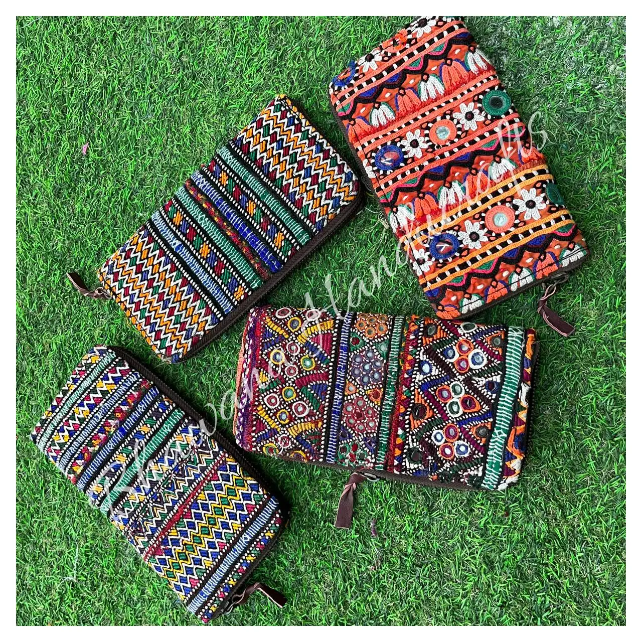 Bordir tangan, banyara, tribal, dompet tangan tas buatan tangan besar-bahan antik, dompet sedang