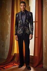 ชุดแต่งงานปักลายดอกไม้สำหรับผู้ชายแจ็คเก็ตสูทธุรกิจกระดุมเม็ดเดียวทรงสลิมฟิตทางการ - Product Image 4