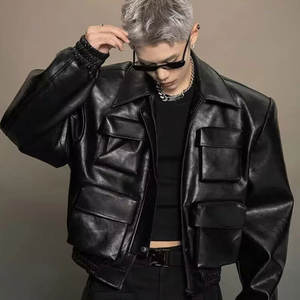 Chaqueta de Motocicleta para Hombre, Cuello Alto, Cuero Genuino, Invierno, Cierre Frontal, Casual, Resistente al Viento, Impermeable, Transpirable, Secado Rápido, Estilo Urbano - Product Image 1