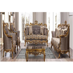 Juego de Sofás de Salón con Acabado Dorado Victoriano, Estilo Antiguo, Madera de Teca, Juego de Sofás de 8 Plazas, Juego de Sofás de Madera de Teca de Alta Calidad - Product Image 1