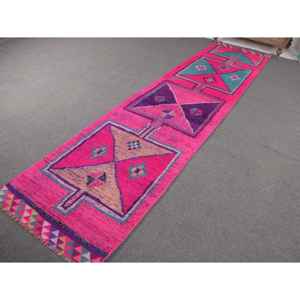 พรมตุรกีเฮอร์กี ขนาด 2.7x11.2 ฟุต พรมวินเทจ พรมขนสัตว์ลายดอกไม้สีชมพู - Product Image 2