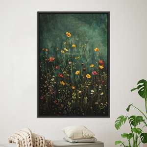 Vintage Wildflower Canvas Print: Dark Green Floral Botanical Wall Art,BLACK <b>FRAMED</b> CANVAS - Product Image 1