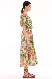 Vestido Maxi Estampado Floral para Mujer, Vestido Holgado de Gasa para Verano, Cuello en V, Manga Abullonada, Transpirable, Informal, para Ocio al Aire Libre - Product Image 2