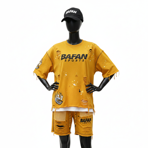 ชุดเสื้อยืดและกางเกงขาสั้นผ้าฝ้ายพรีเมียมสำหรับผู้หญิง เนื้อผ้าระบายอากาศดี ลุคแบบดิสเทรส พิมพ์ลายสกรีน เสื้อยืดและกางเกงขาสั้นผ้าฝ้าย 100% - Product Image 6