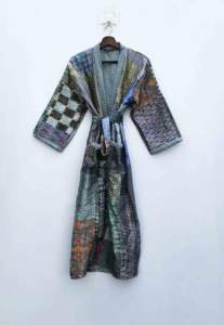 Beautiful multi Cotton Silk Kantha Patchwork Kimono Double Layer Cotton Silk Hand Made <b>Women</b> Kantha Robe With Pockets and Belt - Product Image 2