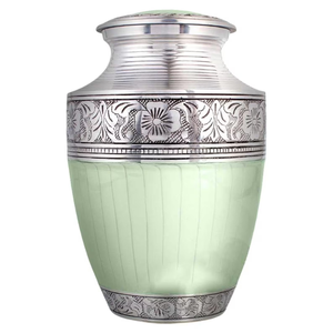 Urne funéraire pour adulte vert menthe et argent Urne en métal gravée florale avec couvercle Grande urne commémorative pour les cendres humaines - Product Image 1
