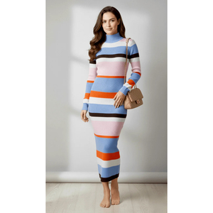 Robes longues côtelées rayées en maille à manches longues moulantes – Vente en gros, Fabricant et Exportateur - Product Image 1