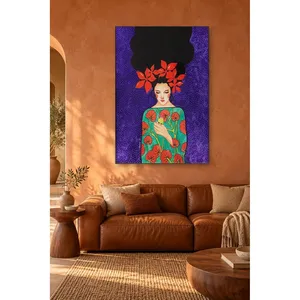 Impresión en Lienzo de Fida, Mujer con Corona de Flores Rojas y Pájaro en la Mano - Product Image 5