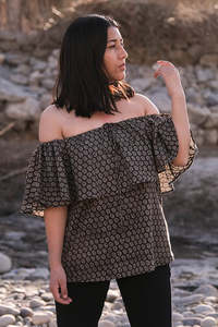 Uber Chic Look Breezy Cute & Comfortable Paisley Hand Block Printed Frill Off Shoulder Cotton Summer Charming Women's Top - Product Image 6