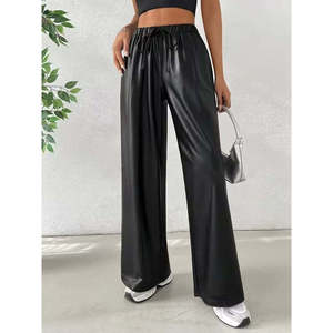 Pantalones de cuero Kadin Yuksek Bel con cintura elástica, detalles de cordones y corte amplio, 38552 - Negro - Product Image 1