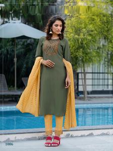 Ensemble Kurti et Dupatta pour femme, multicolore, en tissu slub fantaisie brodé, style chandelier, prêt-à-porter, vêtements indiens et pakistanais - Product Image 2