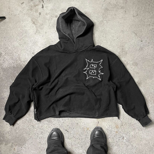 Sudadera con capucha personalizada gruesa recortada para hombre al por mayor, Sudadera con capucha recortada gruesa con bordado gráfico de lujo de alta calidad, sudaderas con capucha cortadas con lavado ácido - Product Image 4