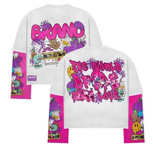 Camisa de algodón de doble capa para mujer, 180 GSM, morado y negro, mangas en contraste, estampado de diamantes de imitación, con logotipo personalizado, camisas de doble capa - Product Image 4