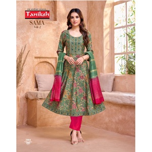 Indien et pakistanais portent une décharge verticale lourde imprimée avec broderie haut bas et lourd Dupatta par Maruti Fashion - Product Image 1