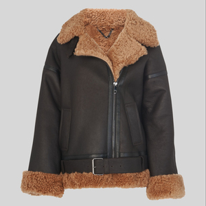 <b>Women's</b> Black Genuine Sheepskin Sherpa Shearling Winter Warm Fashion Regular Fit Leather <b>Jacket</b> V-neck Collar Customized Size - Product Image 3