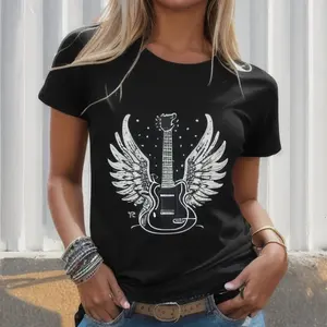 High Quality Custom Angel Guitar Prints <b>Women</b> Summer Crew Neck Short Sleeve T-shirt - Product Image 1