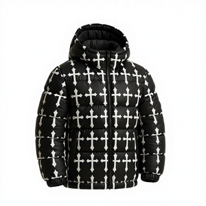 Blouson matelassé à capuche noir imprimé croix pour homme – Manteau d'hiver chaud style streetwear – Vêtement d'extérieur personnalisé en gros - Product Image 1