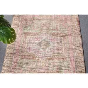 Tapis turc vintage de grande surface de 3.1x11,1 pieds, fait à la main, en laine beige rose, avec support rectangulaire abstrait pour décoration de couloir et de chambre - Product Image 5