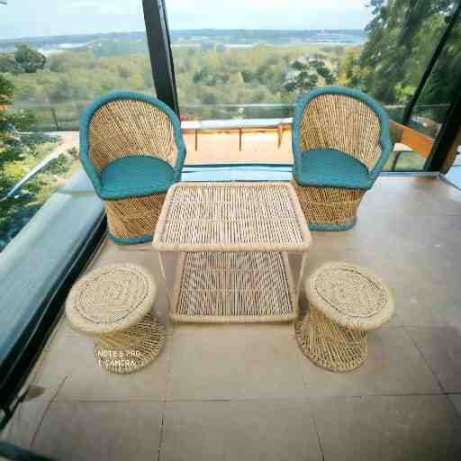 Hot Style Natural Bamboo Rattan Wicker Garden Sofas Bamboo Cane Furniture Chairs Portable Comfort Chair Sofa with Table & Stool