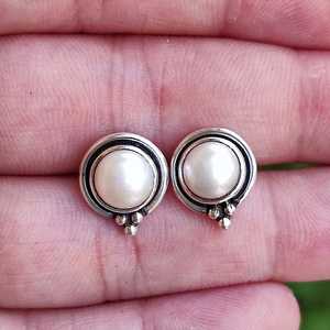Freshwater Pearl <b>Stud</b> <b>Earrings</b> Handmade Minimalist Sterling <b>Silver</b> Jewelry Birthday Anniversary or Christmas Gift for Her - Product Image 2